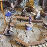 close up on D&D mini terrain with mini's set up for a fight