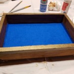 wooden dice tray with blue felt