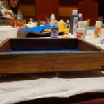 wooden dice tray with blue felt side view