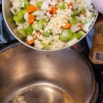 bowl of carrots, celery, garlic and onion held over an instapot about to be poured in