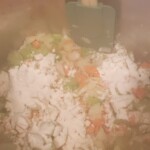 steamy picture of instapot veggies cooking off flour