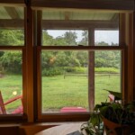 Lovely view of a hazy lush forested area from inside a small writing cabin